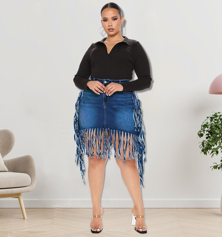 Plus Size Women Clothes Spring Denim Skirt with Tassel