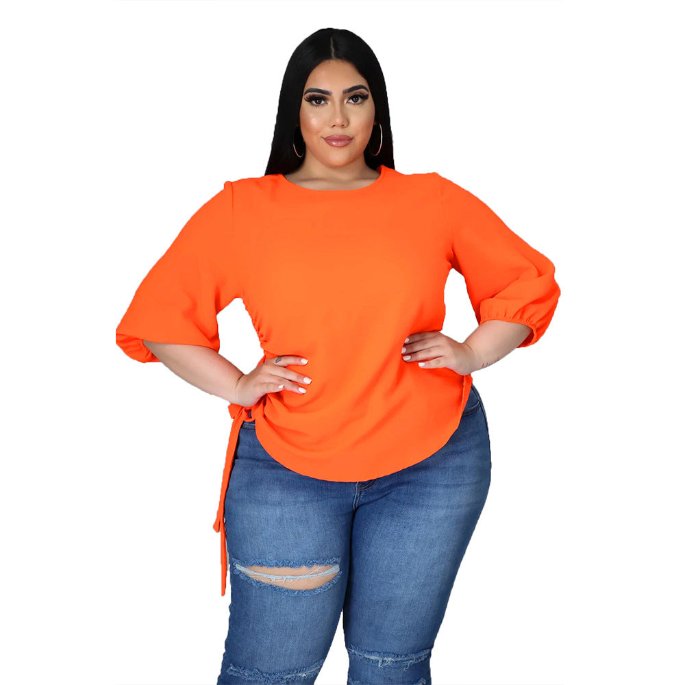 Solid Color round Neck T shirt Irregular Long Sleeve Top - Curvy 'n Pretty