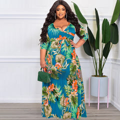 Plus Size Summer Women Floral Leaf Print Loose Dress with Belt