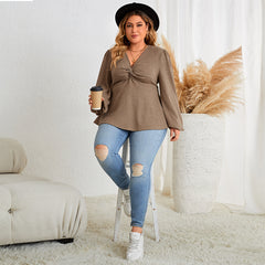 Plus Size Solid Color V neck Long Sleeve Casual Top