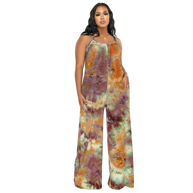 Tie-Dyed Printed Sling Casual Pants Straight Stylish Loose Jumpsuit