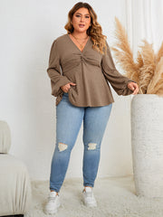 Plus Size Solid Color V neck Long Sleeve Casual Top