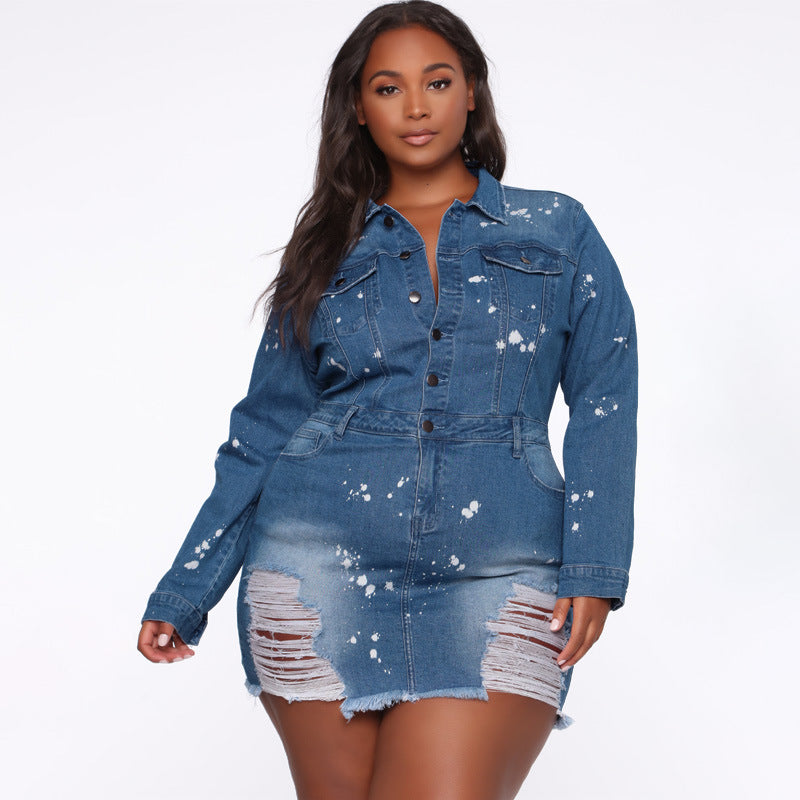 Plus Size Ripped Breasted Slim Denim Dress