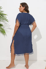 Beach Cover Up Tassel Stitching Deep V Plunge Waist Dress