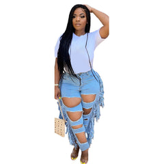 Plus Size Mid Waist Ripped Tassel Trendy Women Stretch Jeans