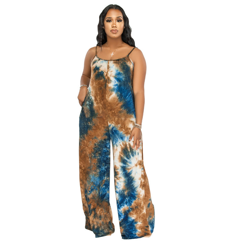 Tie-Dyed Printed Sling Casual Pants Straight Stylish Loose Jumpsuit