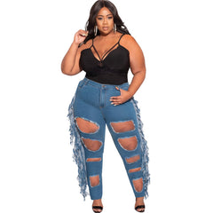 Plus Size Mid Waist Ripped Tassel Trendy Women Stretch Jeans