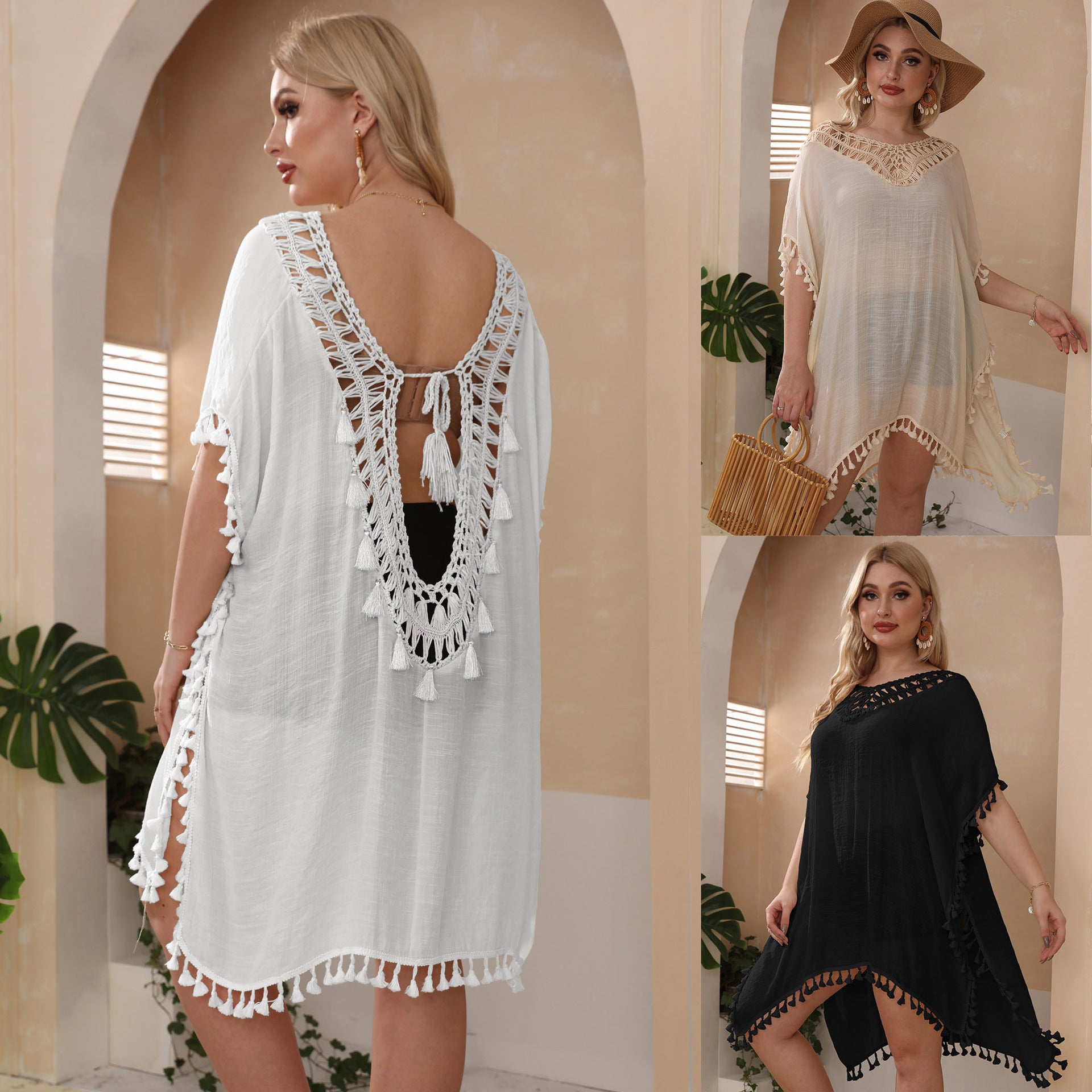 Hand Crocheting Stitching Sexy Backless Tassel Slit Loose Beach Cover-up Crochet