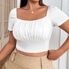 Plus Size Square Neck T shirt Summer Slim Fit Solid Color Short Top - Curvy 'n Pretty