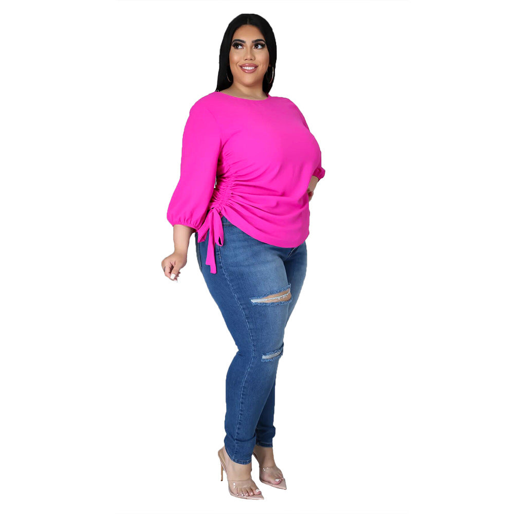 Solid Color round Neck T shirt Irregular Long Sleeve Top - Curvy 'n Pretty