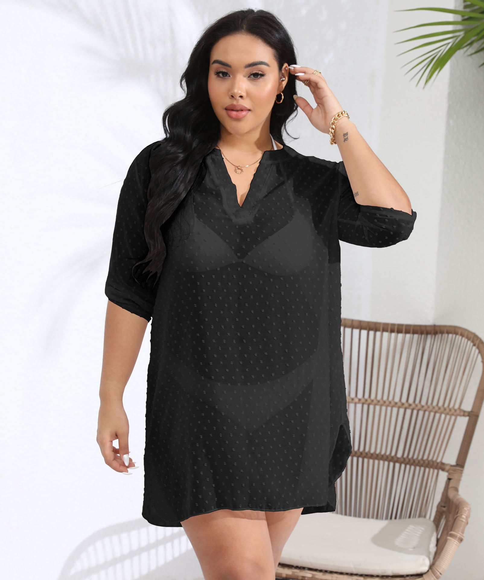 See through Polka Dot Jacquard Chiffon Beach Cover up