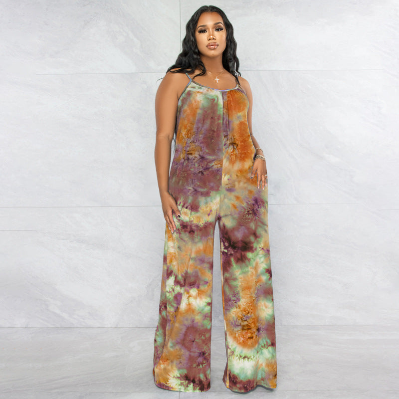 Tie-Dyed Printed Sling Casual Pants Straight Stylish Loose Jumpsuit