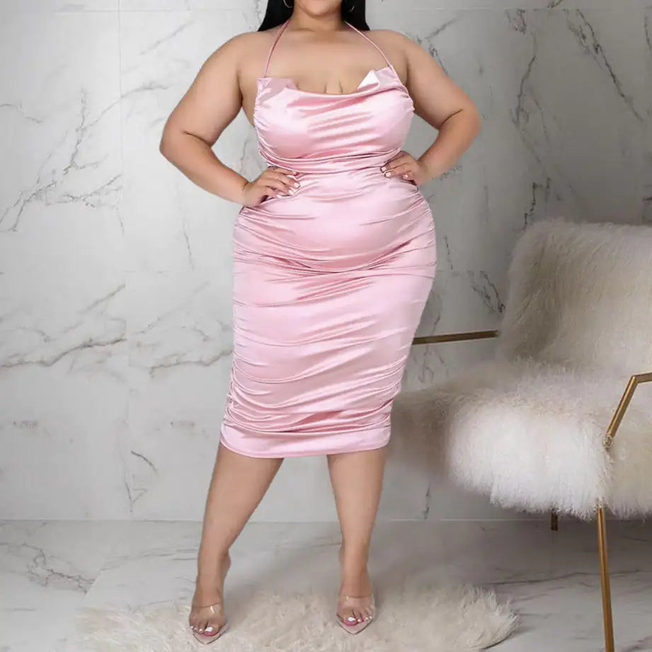 Plus Size Sleeveless Draped Satin Midi Dress - Curvy 'n Pretty