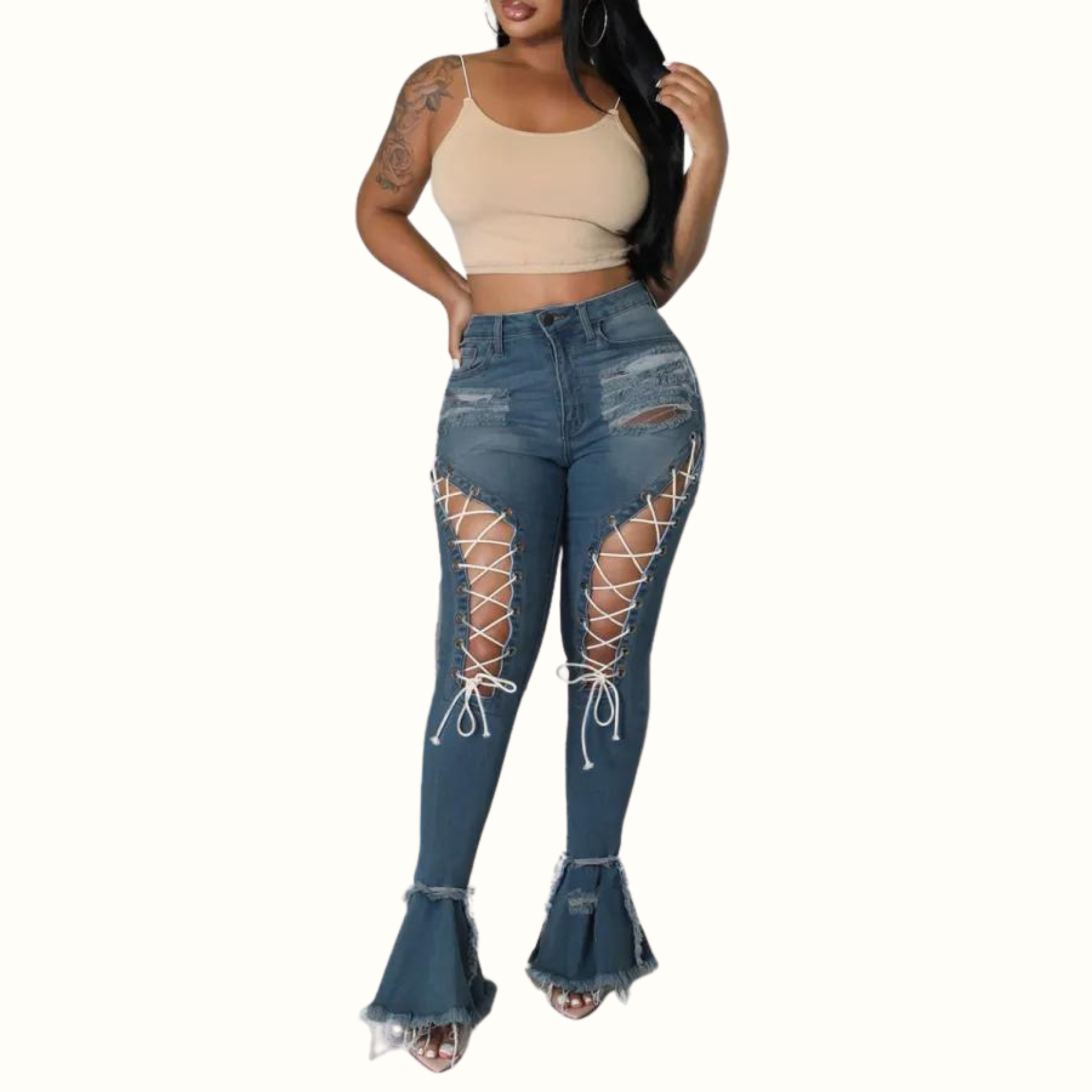 Sexy Street Solid Ripped Patchwork Pocket Cross Straps Plus Size - Curvy 'n Pretty