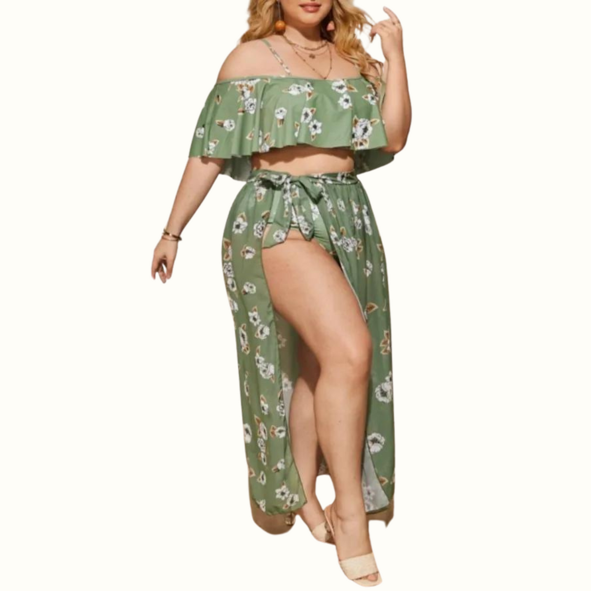 Sexy Print Frenulum Backless Off The Shoulder Plus Size Swimwear Three Piece Set (With Paddings) - Curvy 'n Pretty