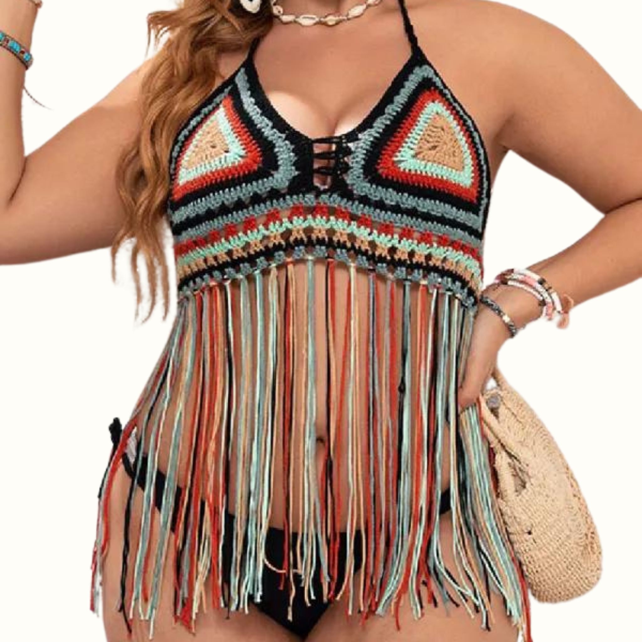 Sexy Patchwork Tassel Bandage Backless Halter Plus Size Swimwear - Curvy 'n Pretty