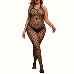 Sexy Living Solid Hollowed Out See-Through Backless Halter Plus Size Sleepwear - Curvy 'n Pretty