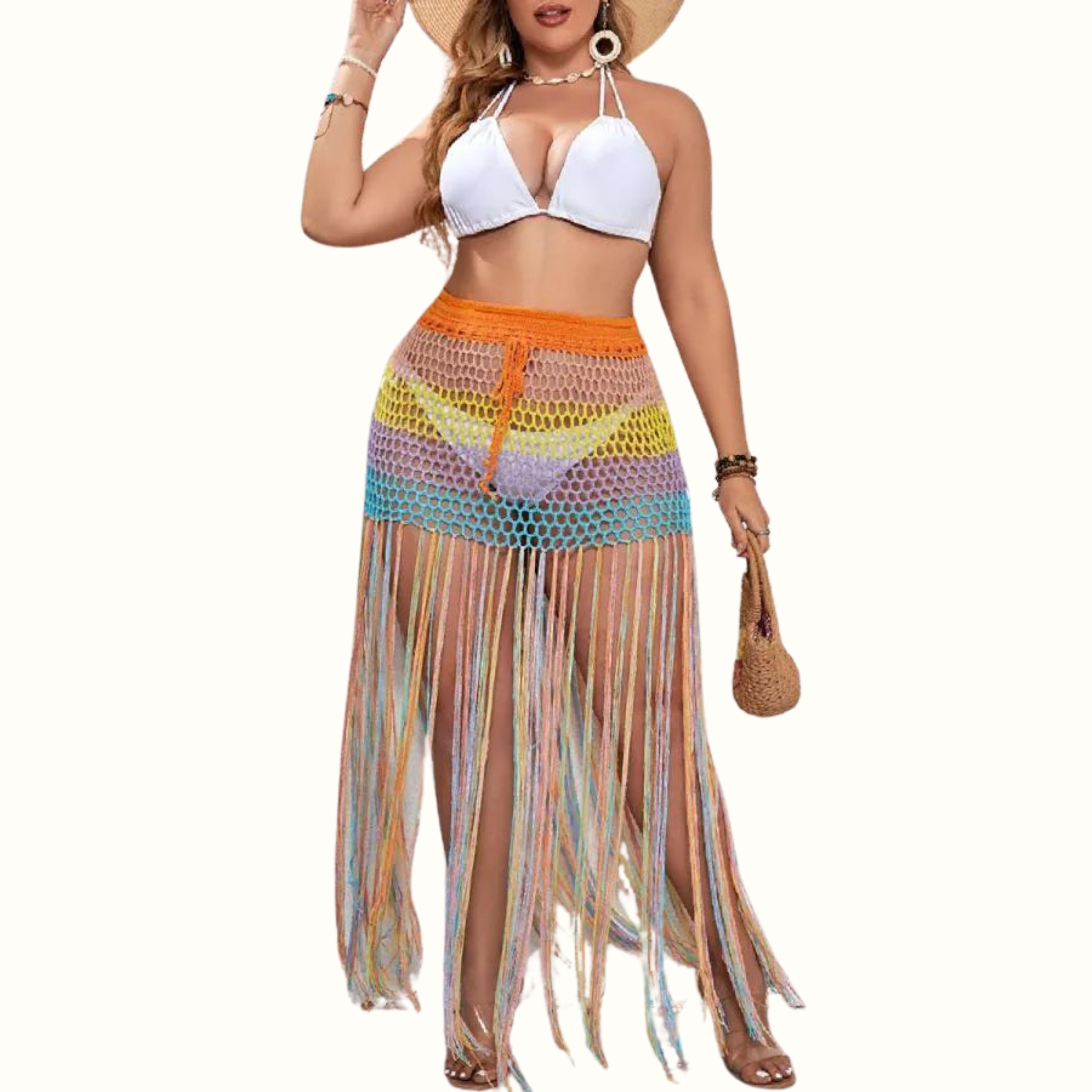 Casual Patchwork Tassel Hollowed Out See-Through Contrast Weave Plus Size Swimwear - Curvy 'n Pretty