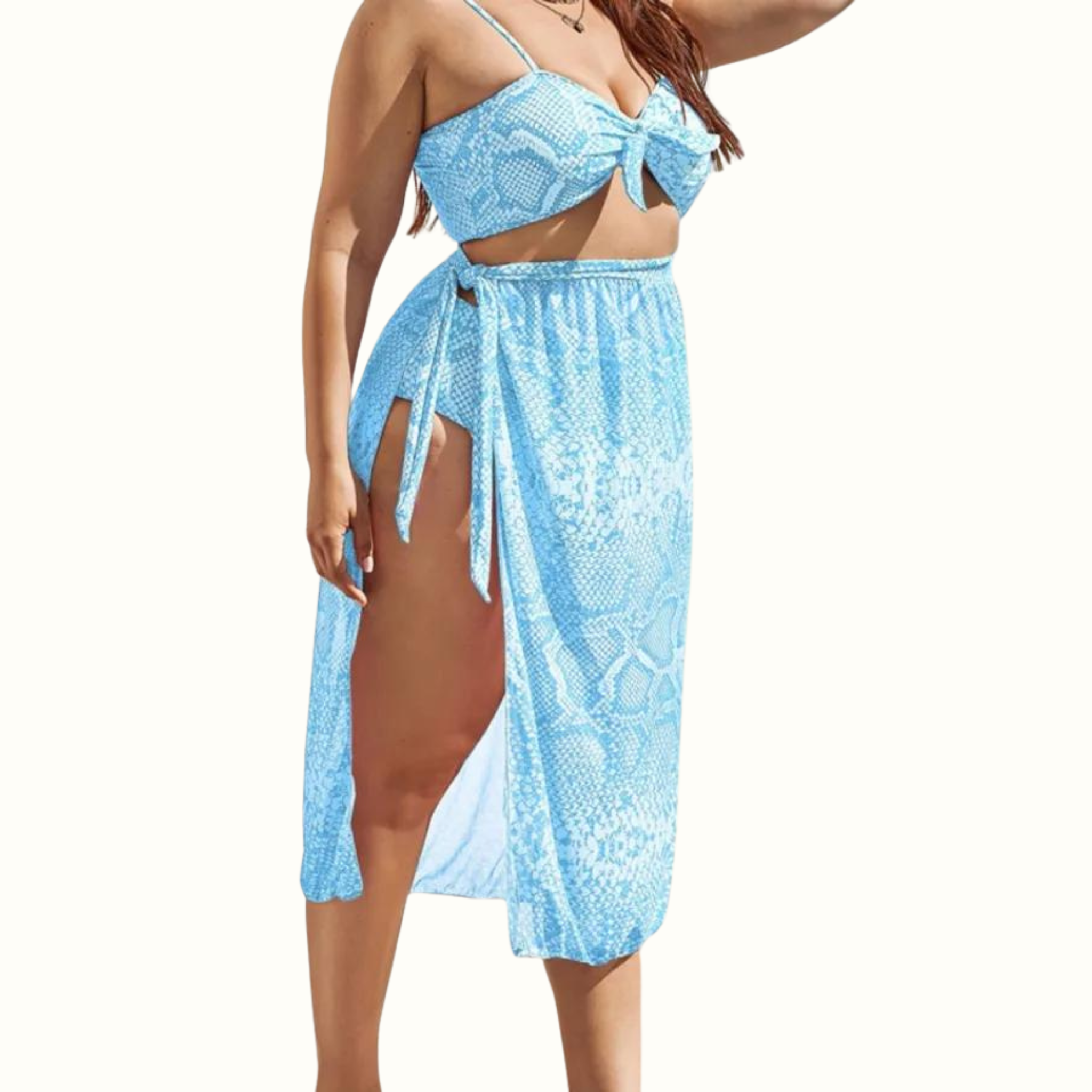 Sexy Print Frenulum Backless Spaghetti Strap Plus Size Swimsuit Three Piece Set (With Paddings) - Curvy 'n Pretty