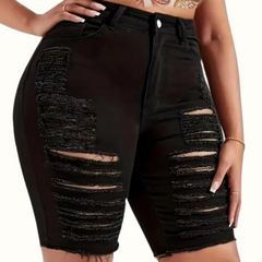 Casual Solid Ripped Skinny High Waist Conventional Solid Color Plus Size Denim Shorts - Curvy 'n Pretty