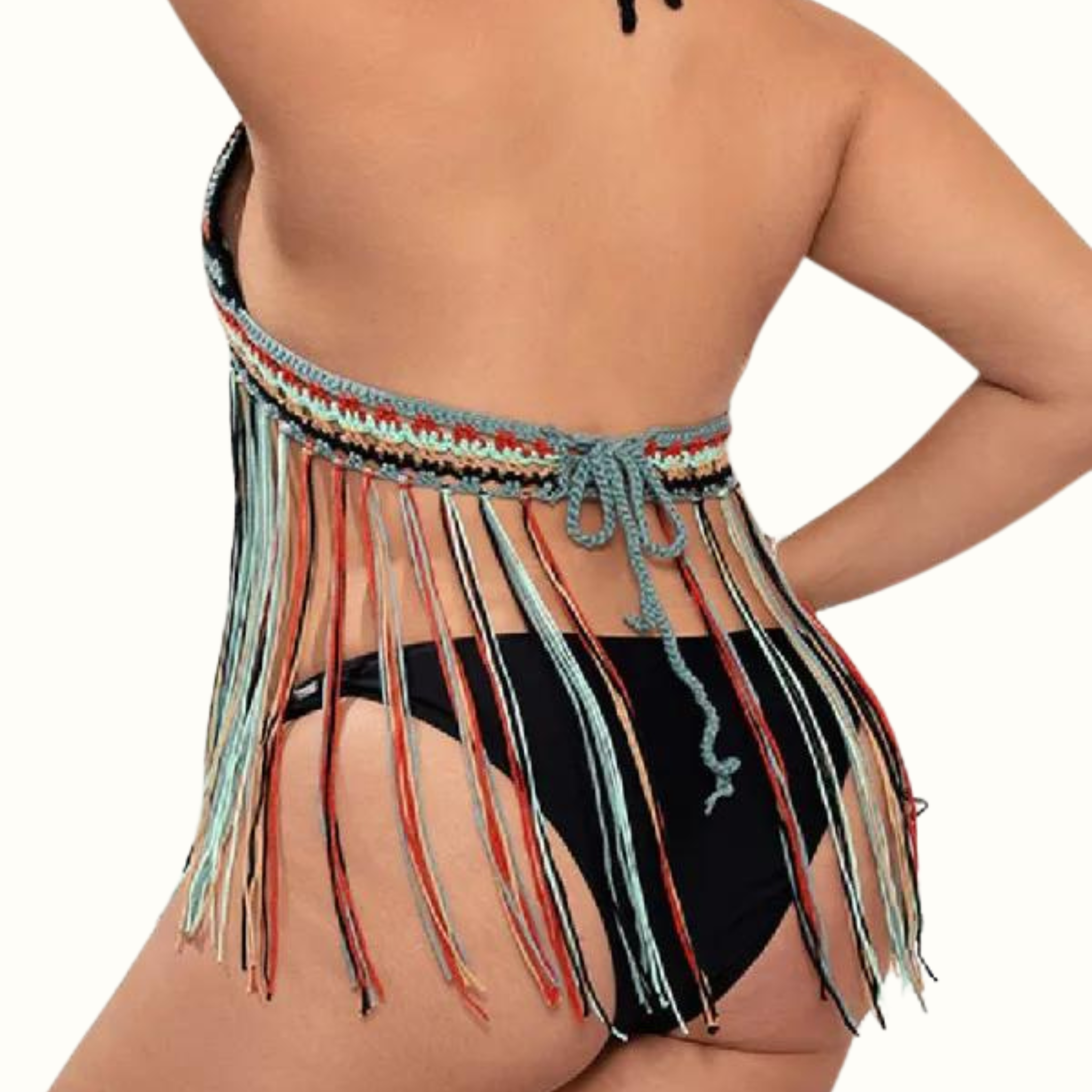 Sexy Patchwork Tassel Bandage Backless Halter Plus Size Swimwear - Curvy 'n Pretty