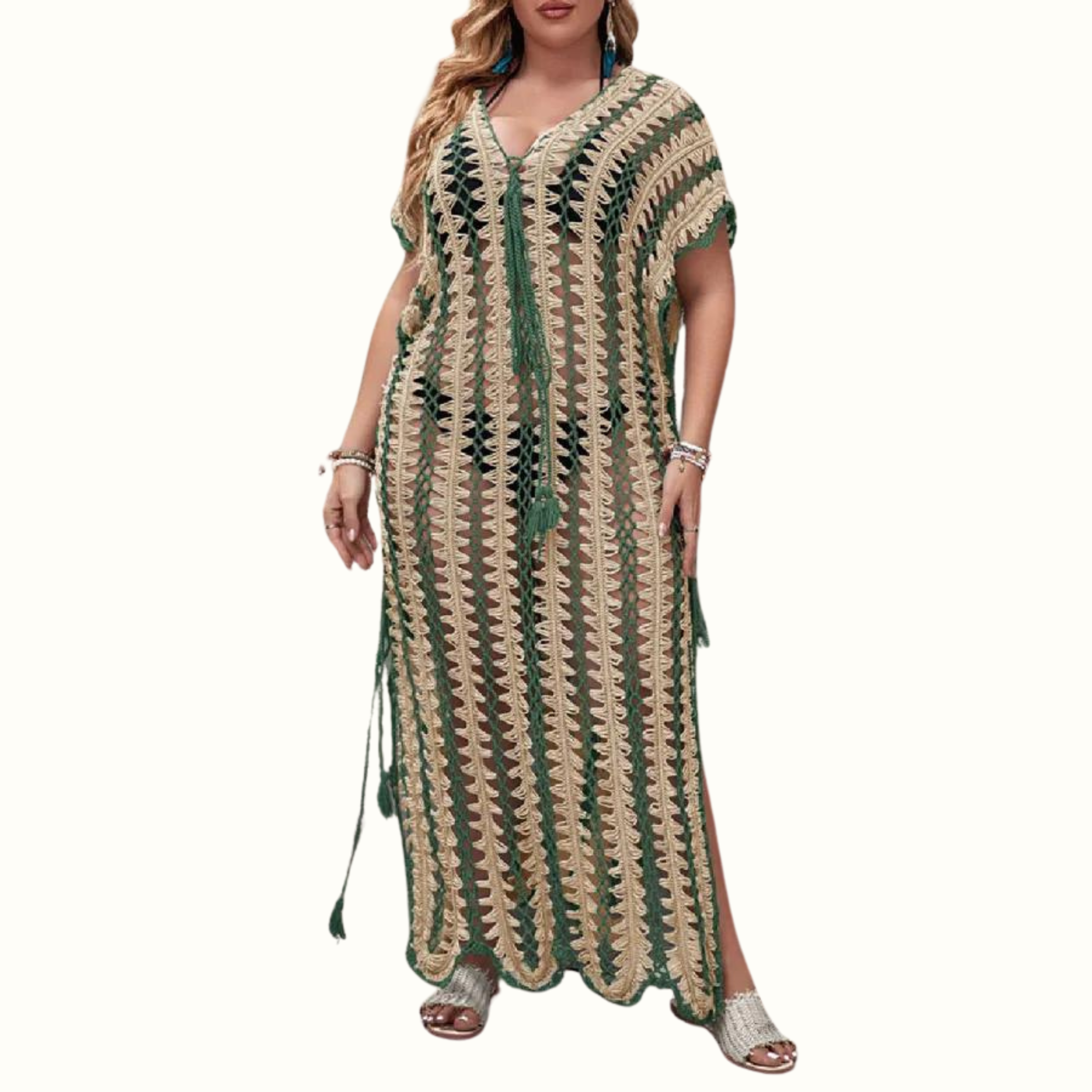 Sexy Patchwork Hollowed Out Slit Weave V Neck Beach Plus Size Dresses - Curvy 'n Pretty