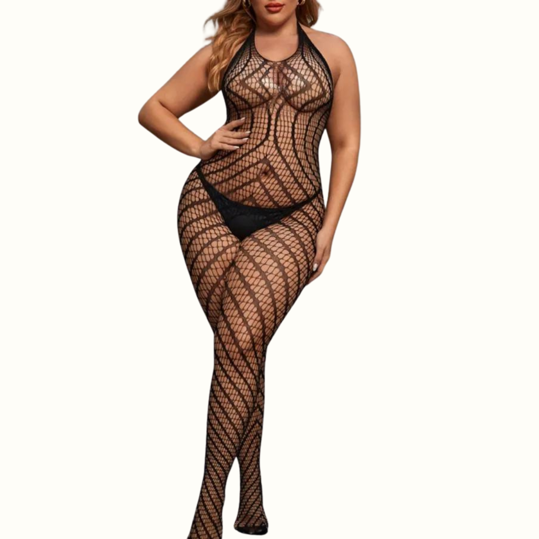 Sexy Living Solid Hollowed Out See-Through Backless Halter Plus Size Sleepwear - Curvy 'n Pretty