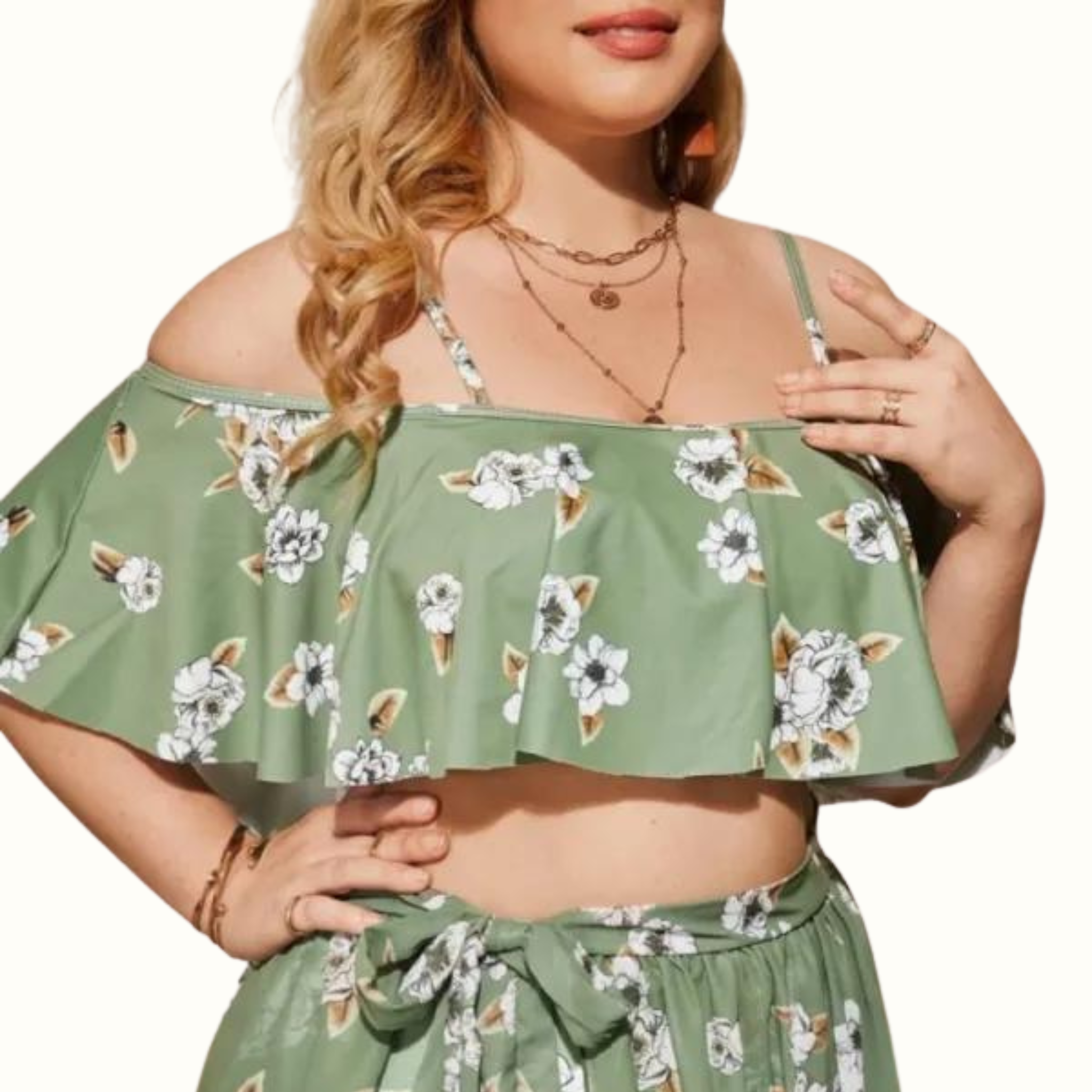 Sexy Print Frenulum Backless Off The Shoulder Plus Size Swimwear Three Piece Set (With Paddings) - Curvy 'n Pretty