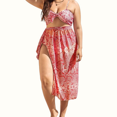 Sexy Print Frenulum Backless Spaghetti Strap Plus Size Swimsuit Three Piece Set (With Paddings) - Curvy 'n Pretty