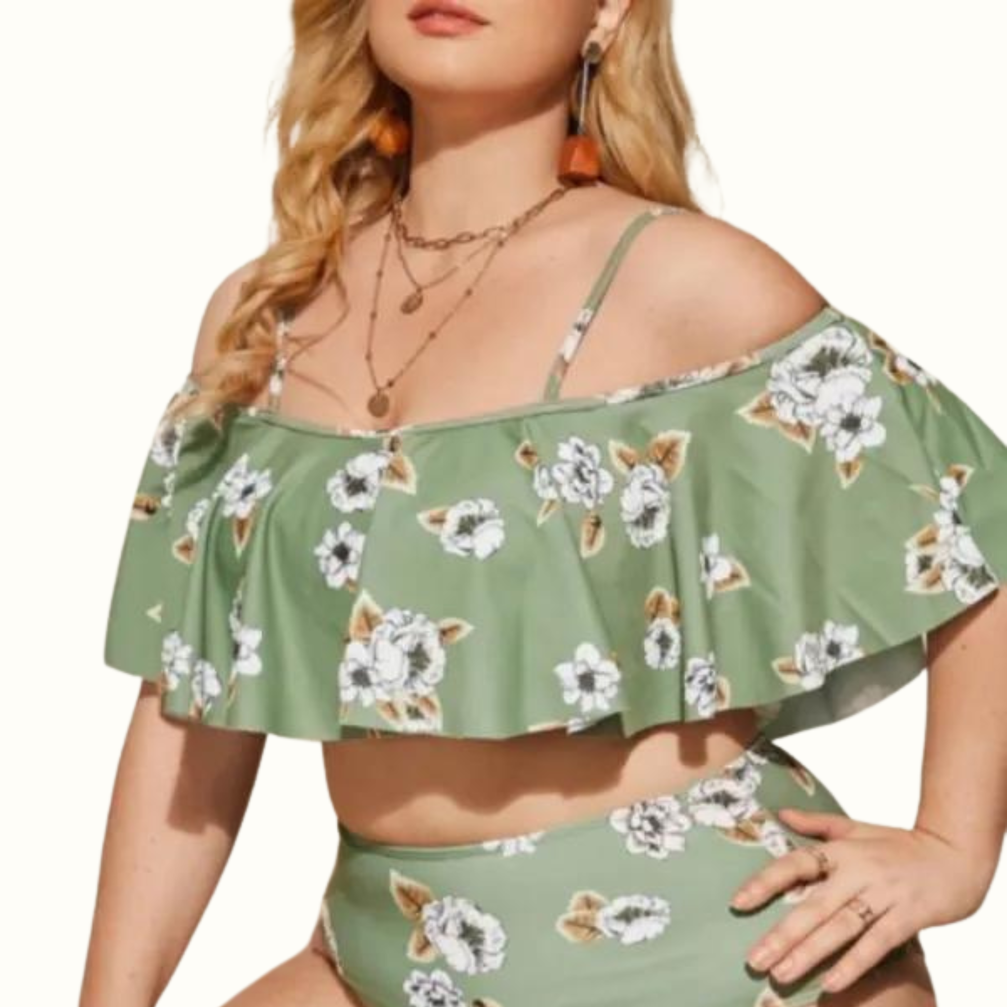 Sexy Print Frenulum Backless Off The Shoulder Plus Size Swimwear Three Piece Set (With Paddings) - Curvy 'n Pretty