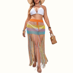 Casual Patchwork Tassel Hollowed Out See-Through Contrast Weave Plus Size Swimwear - Curvy 'n Pretty