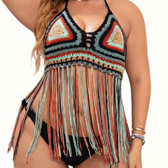 Sexy Patchwork Tassel Bandage Backless Halter Plus Size Swimwear - Curvy 'n Pretty