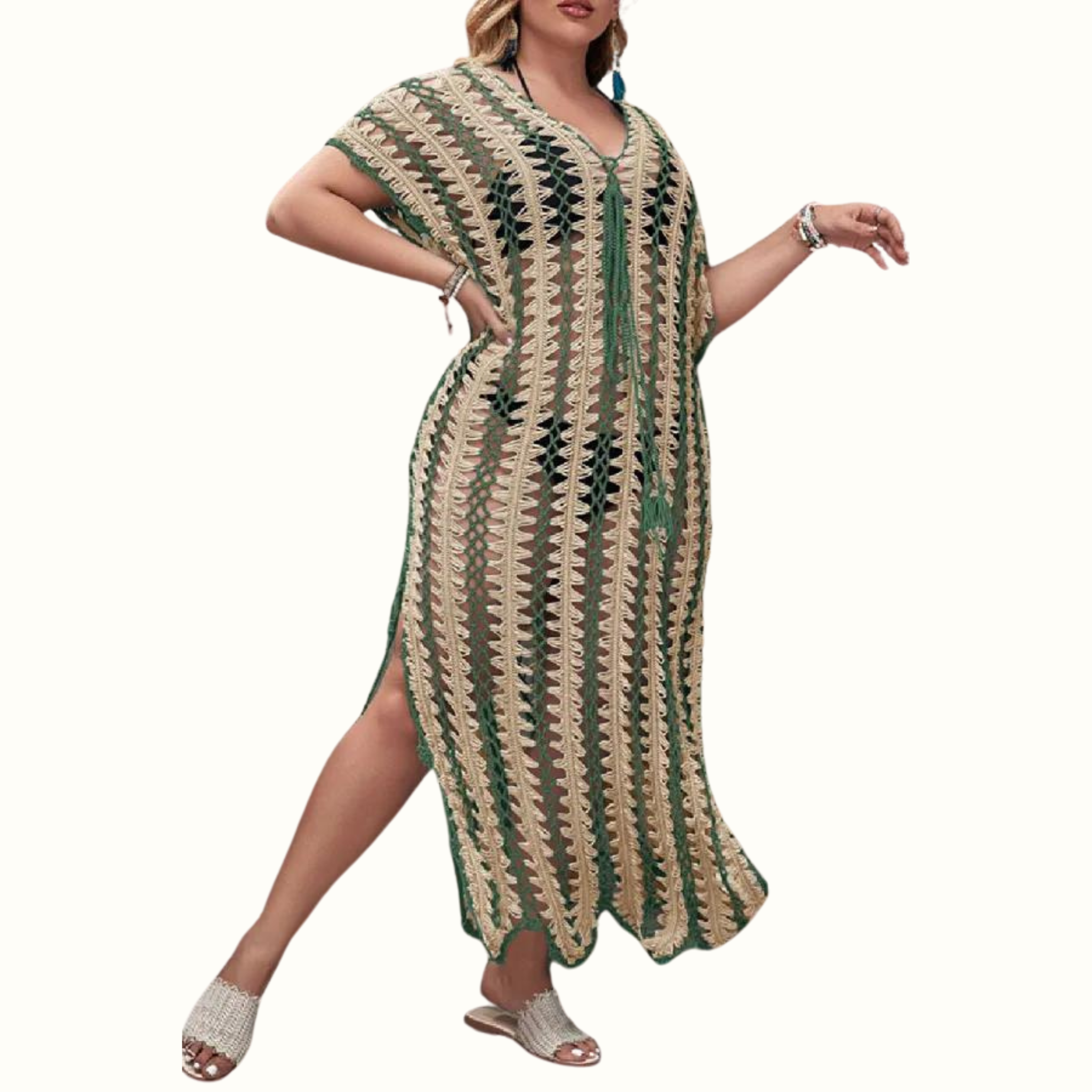 Sexy Patchwork Hollowed Out Slit Weave V Neck Beach Plus Size Dresses - Curvy 'n Pretty