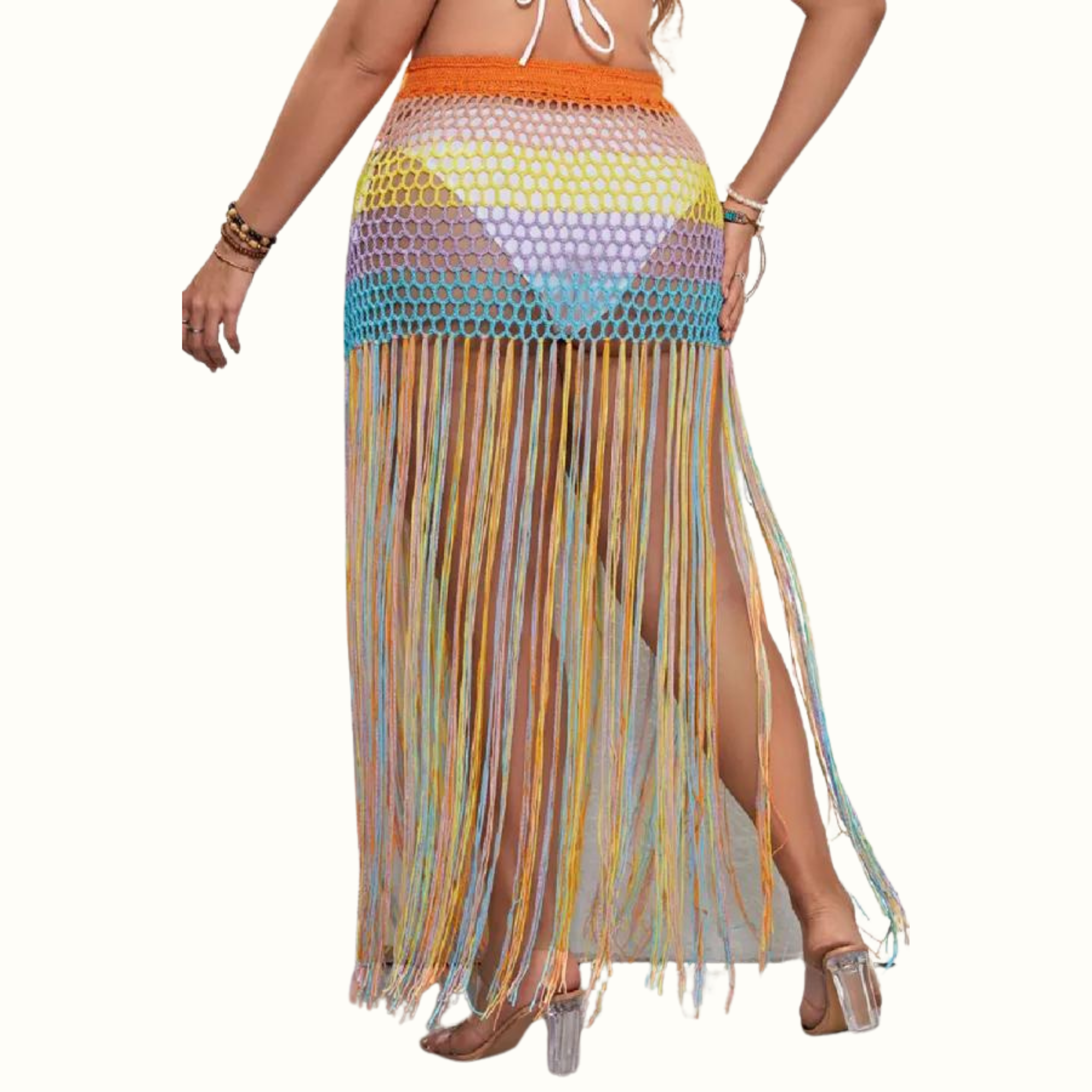 Casual Patchwork Tassel Hollowed Out See-Through Contrast Weave Plus Size Swimwear - Curvy 'n Pretty