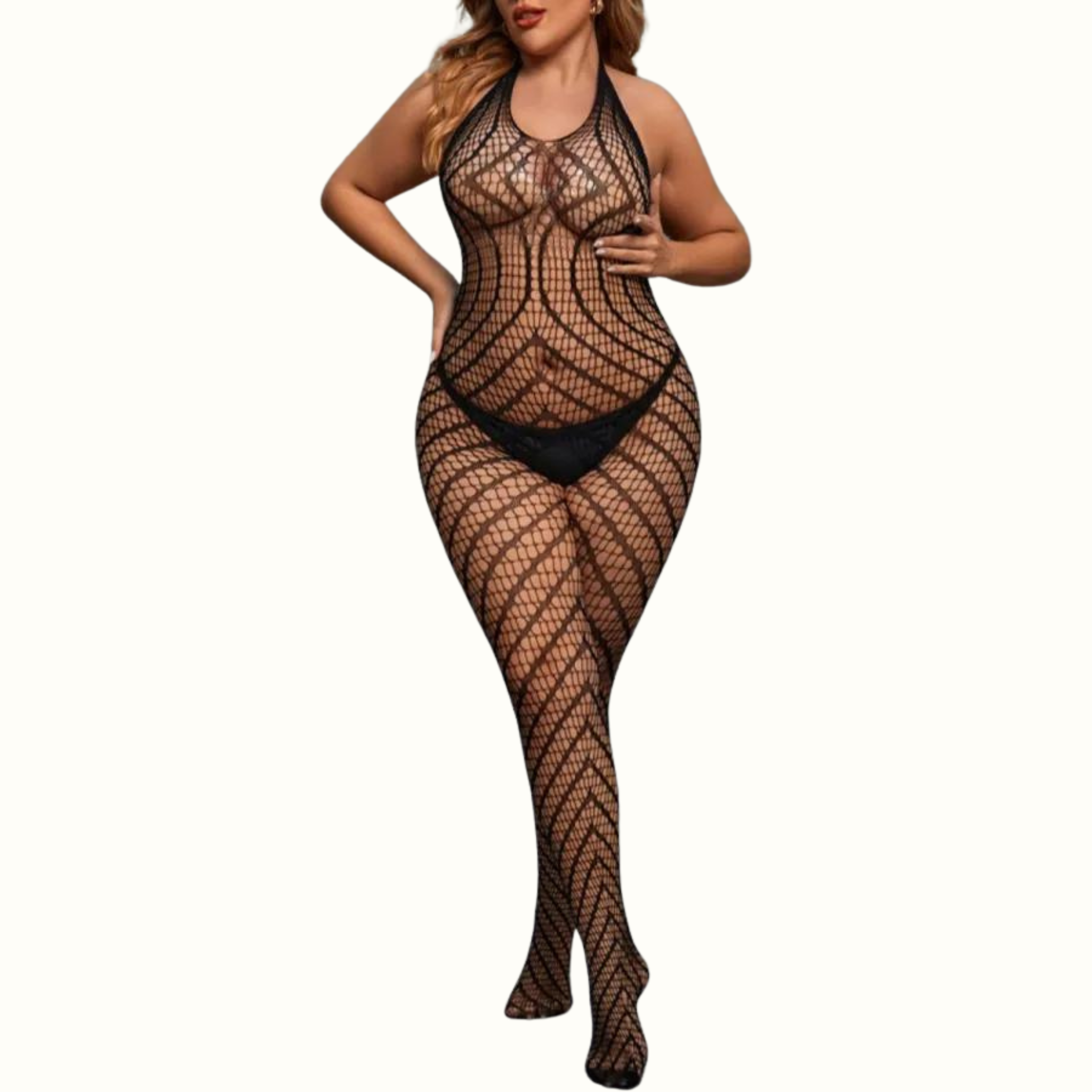 Sexy Living Solid Hollowed Out See-Through Backless Halter Plus Size Sleepwear - Curvy 'n Pretty