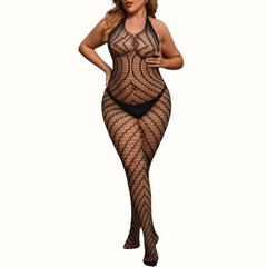 Sexy Living Solid Hollowed Out See-Through Backless Halter Plus Size Sleepwear - Curvy 'n Pretty