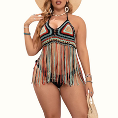 Sexy Patchwork Tassel Bandage Backless Halter Plus Size Swimwear - Curvy 'n Pretty