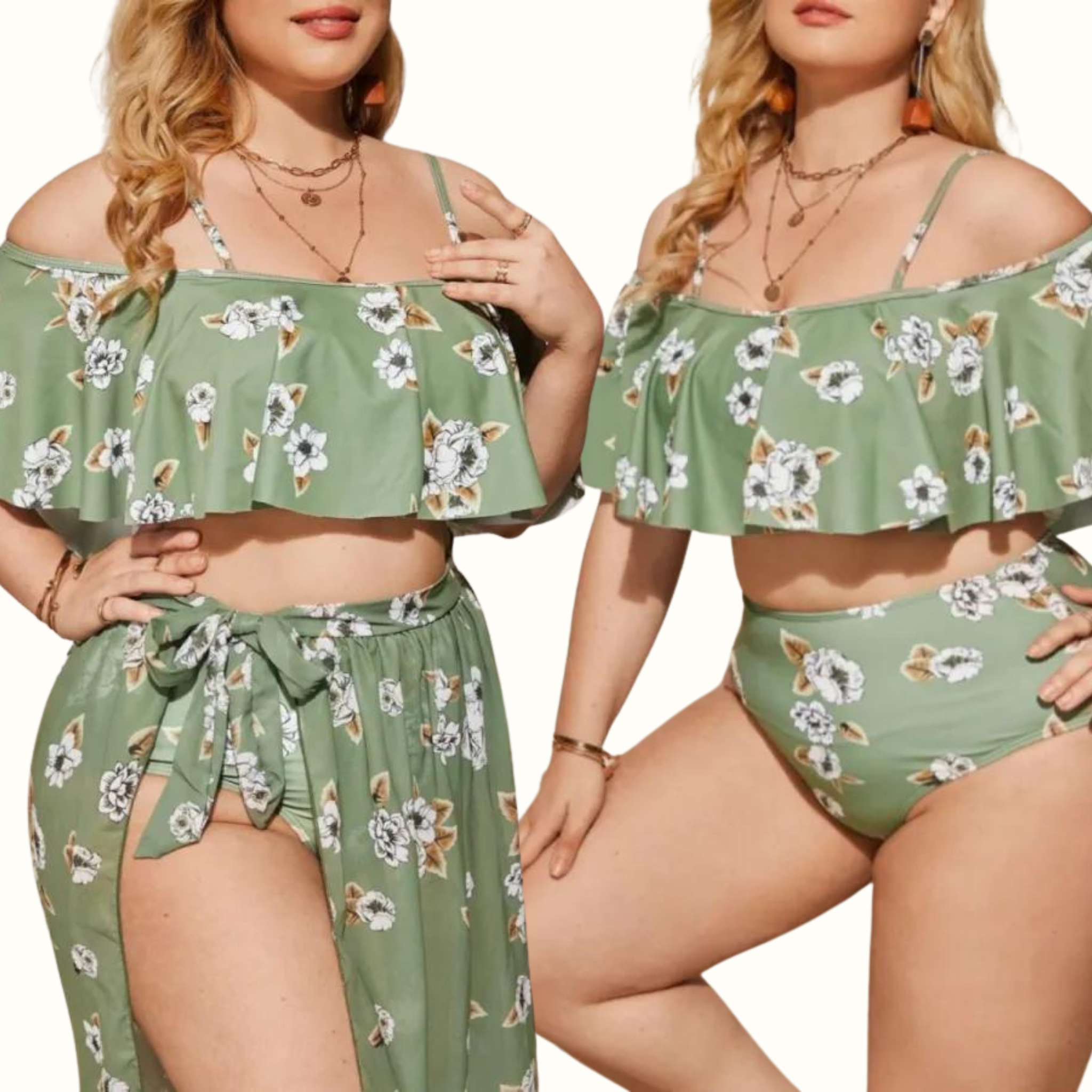 Sexy Print Frenulum Backless Off The Shoulder Plus Size Swimwear Three Piece Set (With Paddings) - Curvy 'n Pretty