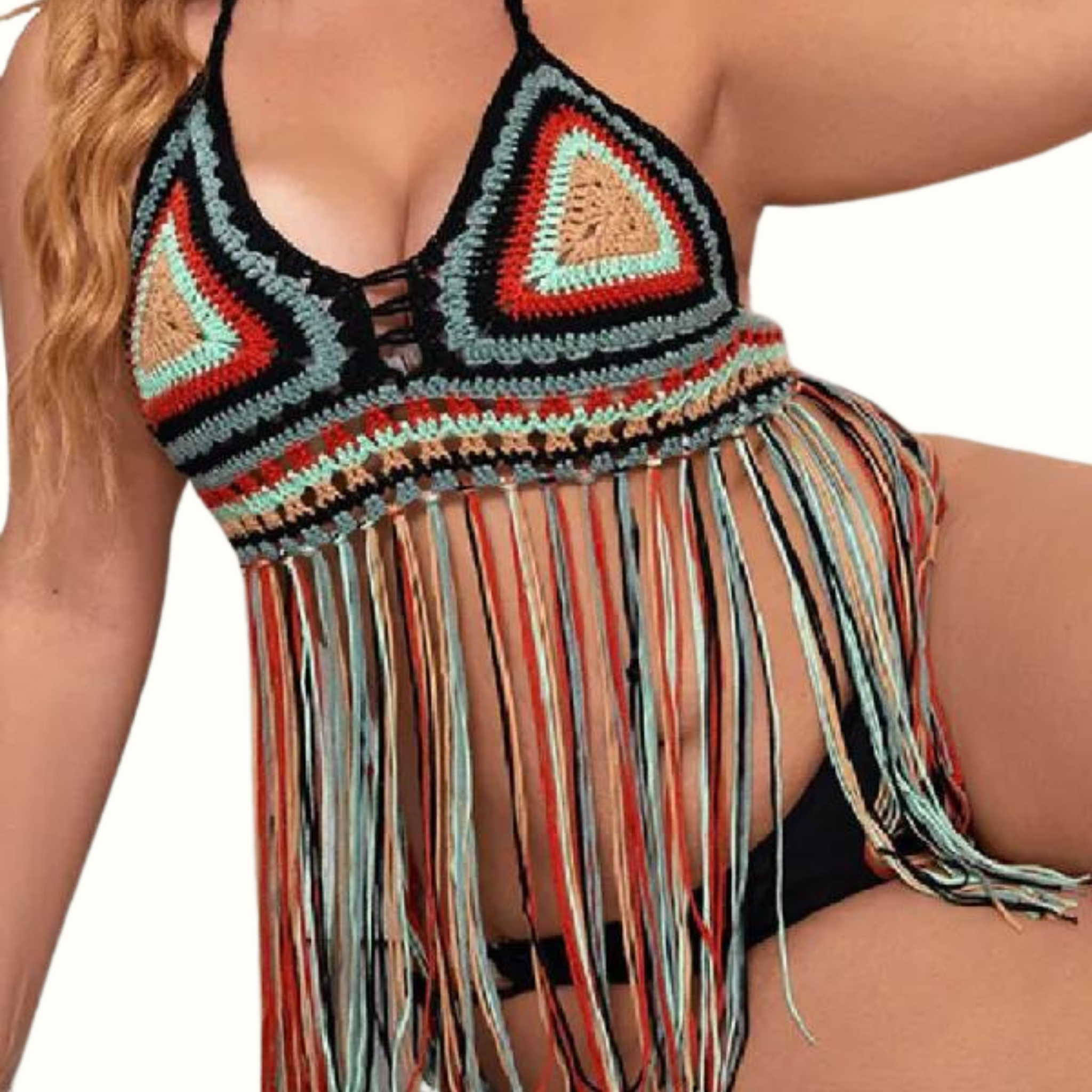 Sexy Patchwork Tassel Bandage Backless Halter Plus Size Swimwear - Curvy 'n Pretty