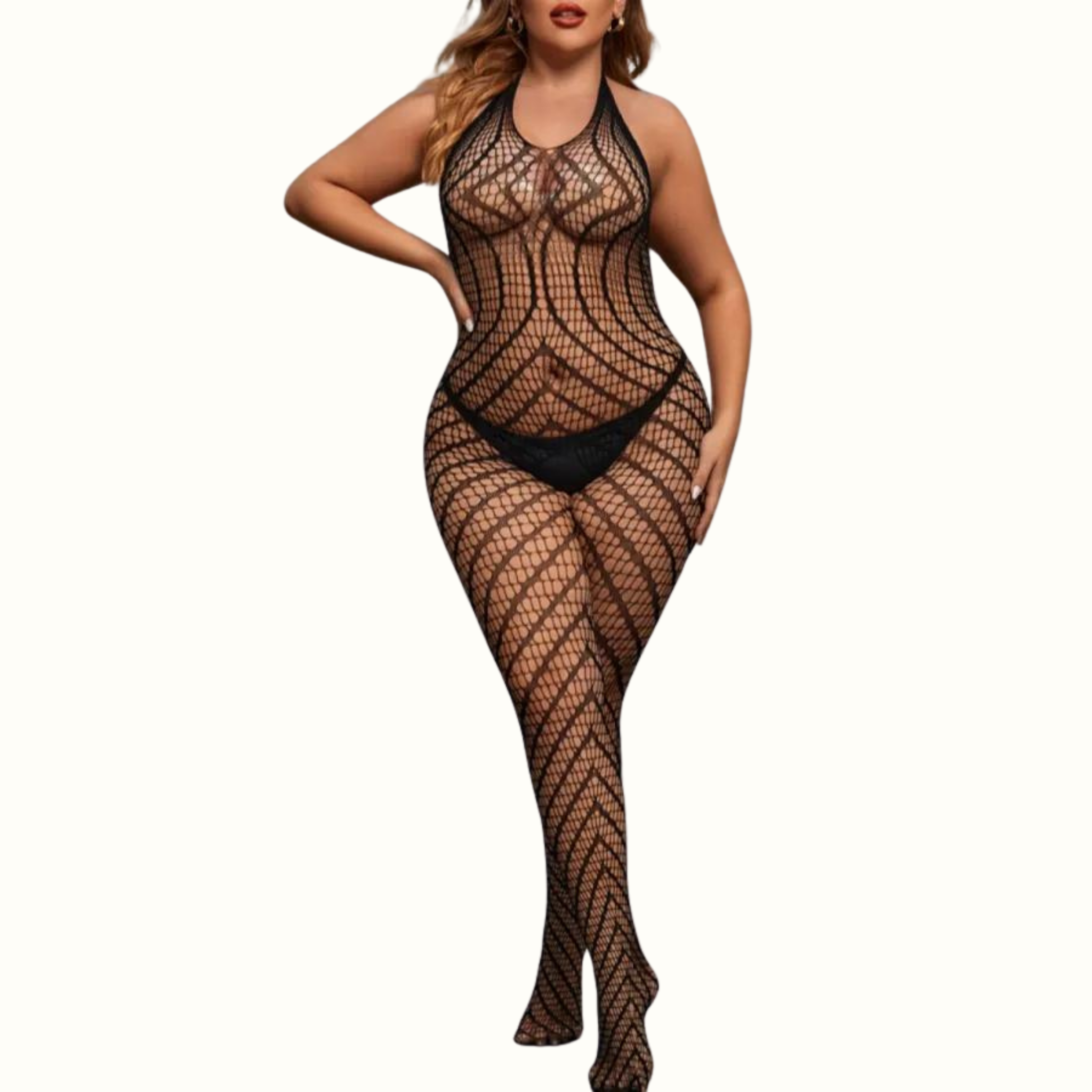 Sexy Living Solid Hollowed Out See-Through Backless Halter Plus Size Sleepwear - Curvy 'n Pretty