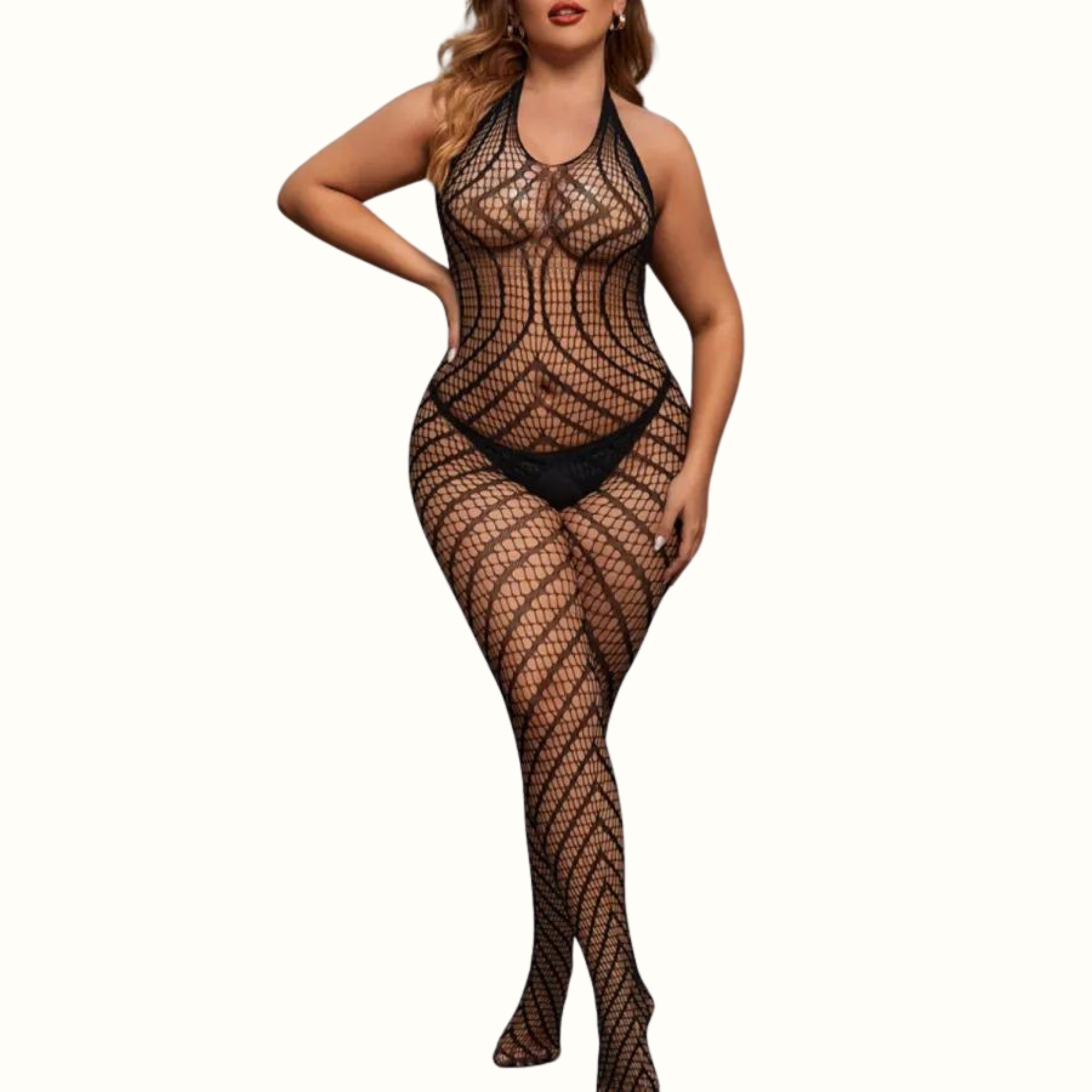 Sexy Living Solid Hollowed Out See-Through Backless Halter Plus Size Sleepwear - Curvy 'n Pretty