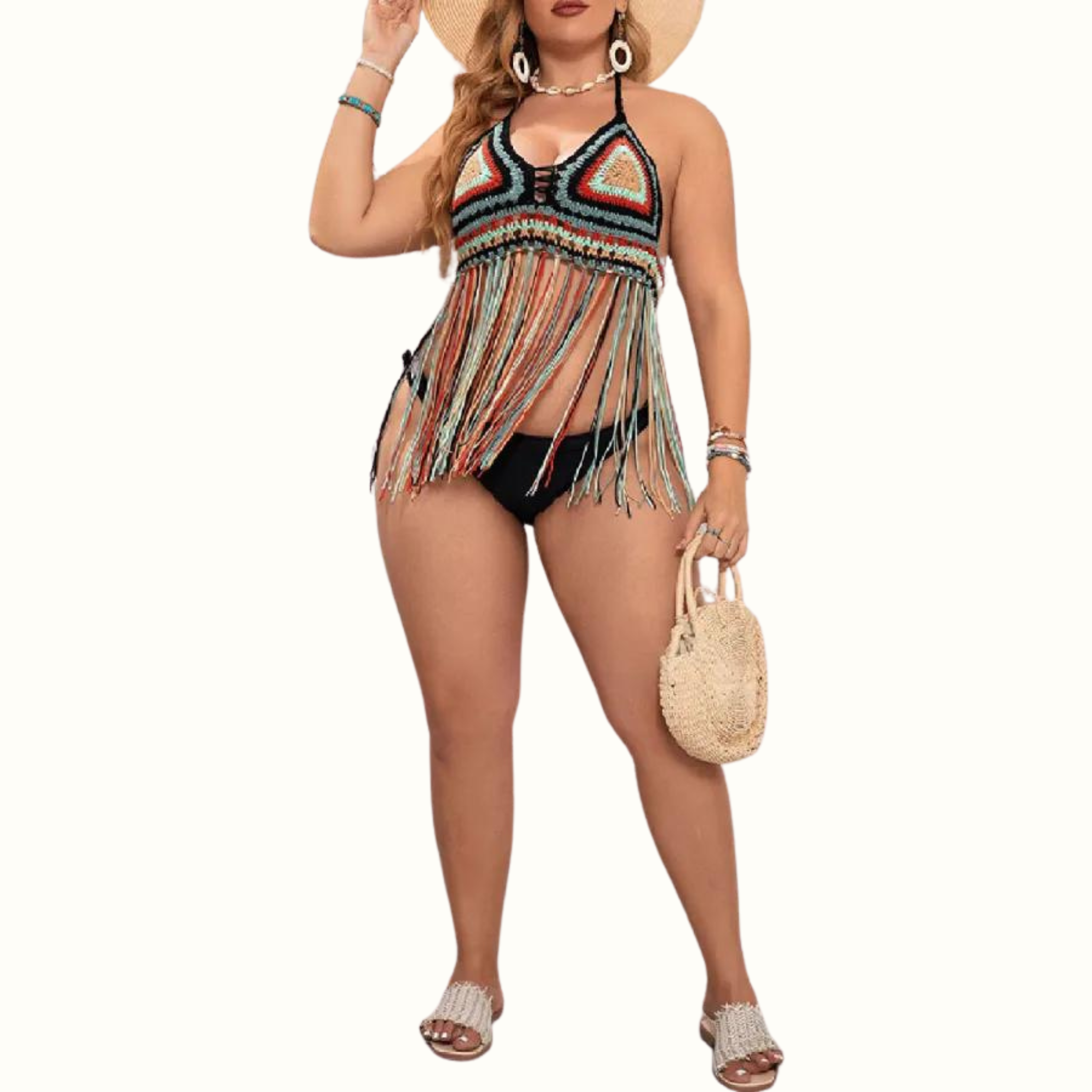 Sexy Patchwork Tassel Bandage Backless Halter Plus Size Swimwear - Curvy 'n Pretty