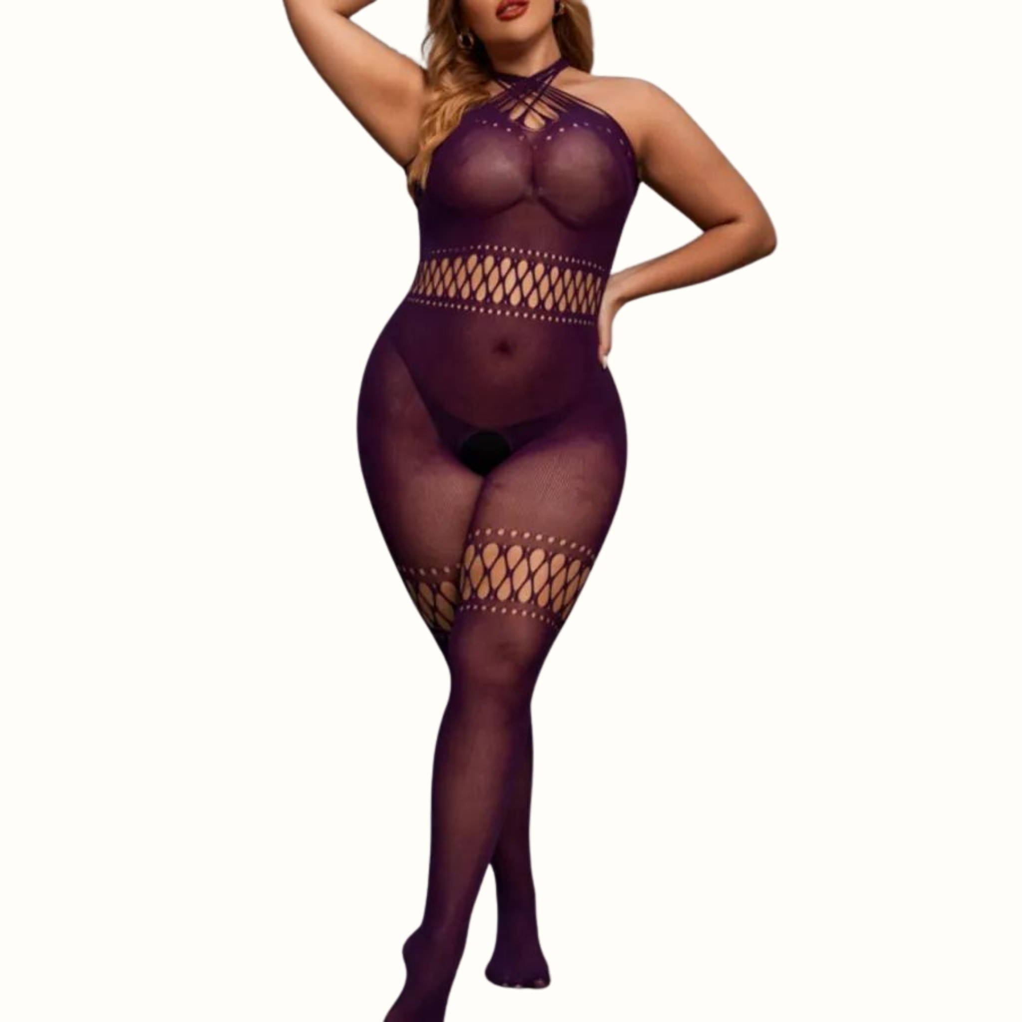 Sexy Living Solid Hollowed Out See-Through Backless Spaghetti Strap Plus Size Sleepwear - Curvy 'n Pretty