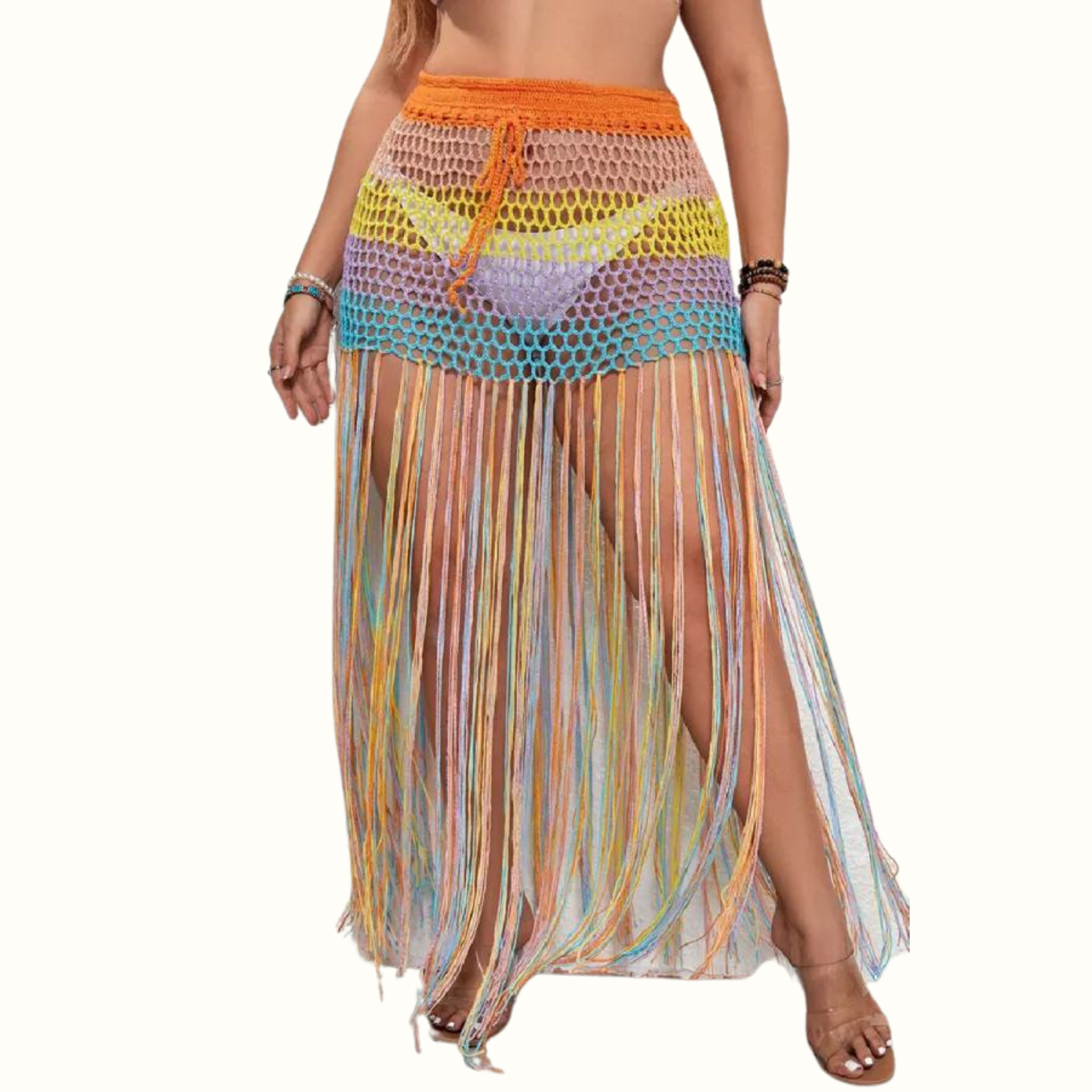 Casual Patchwork Tassel Hollowed Out See-Through Contrast Weave Plus Size Swimwear - Curvy 'n Pretty