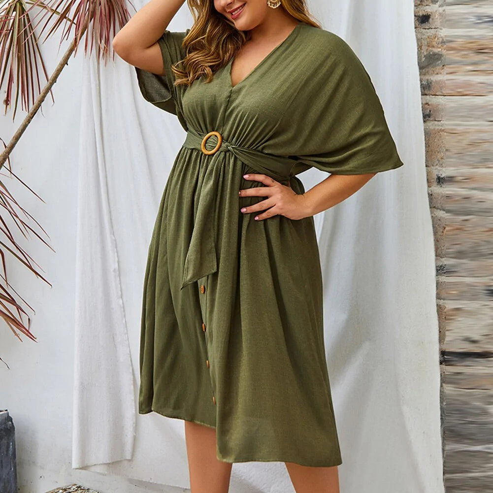 Plus Size Dress Full Sleeve V Neck - Curvy 'n Pretty