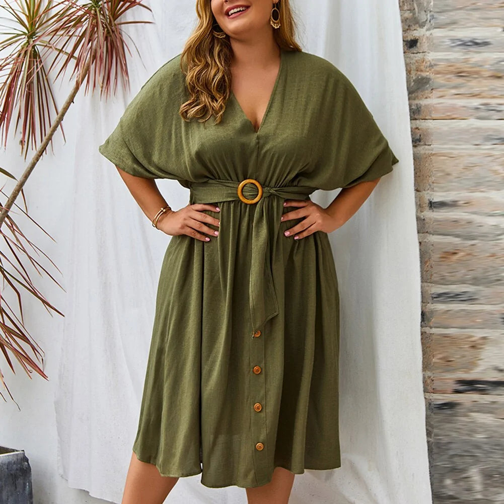 Plus Size Dress Full Sleeve V Neck - Curvy 'n Pretty